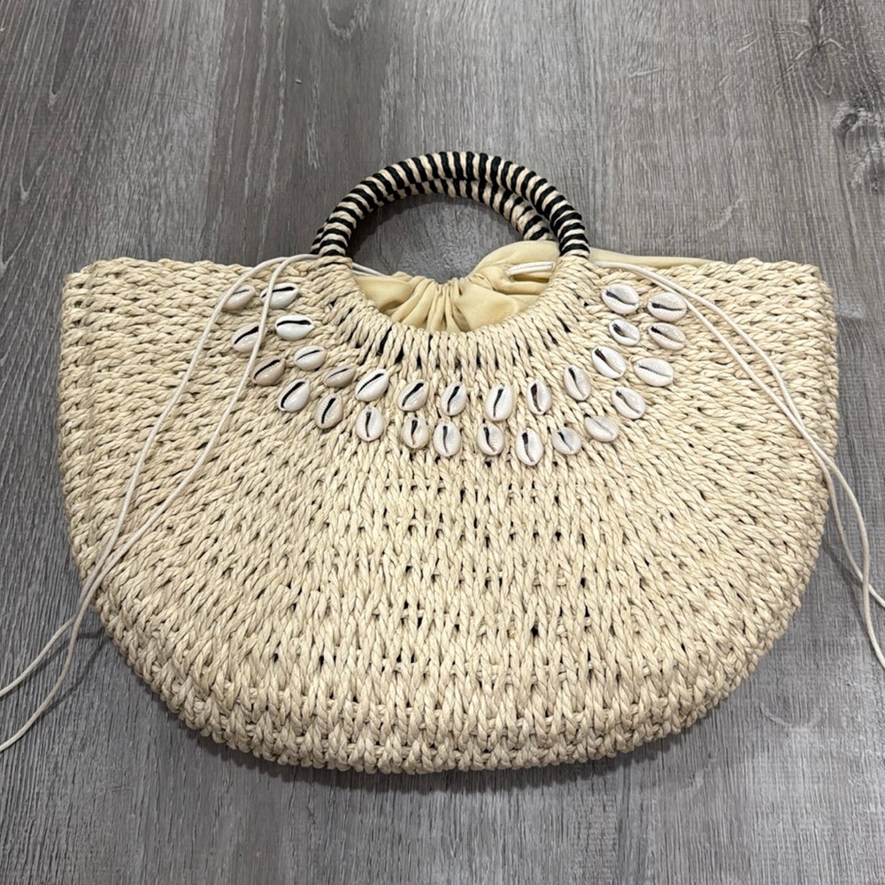 Chic Cream Woven Tote with Shell Accents
